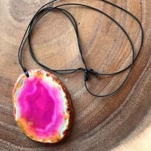 Pink Geode Agate Slice Pendant Necklace